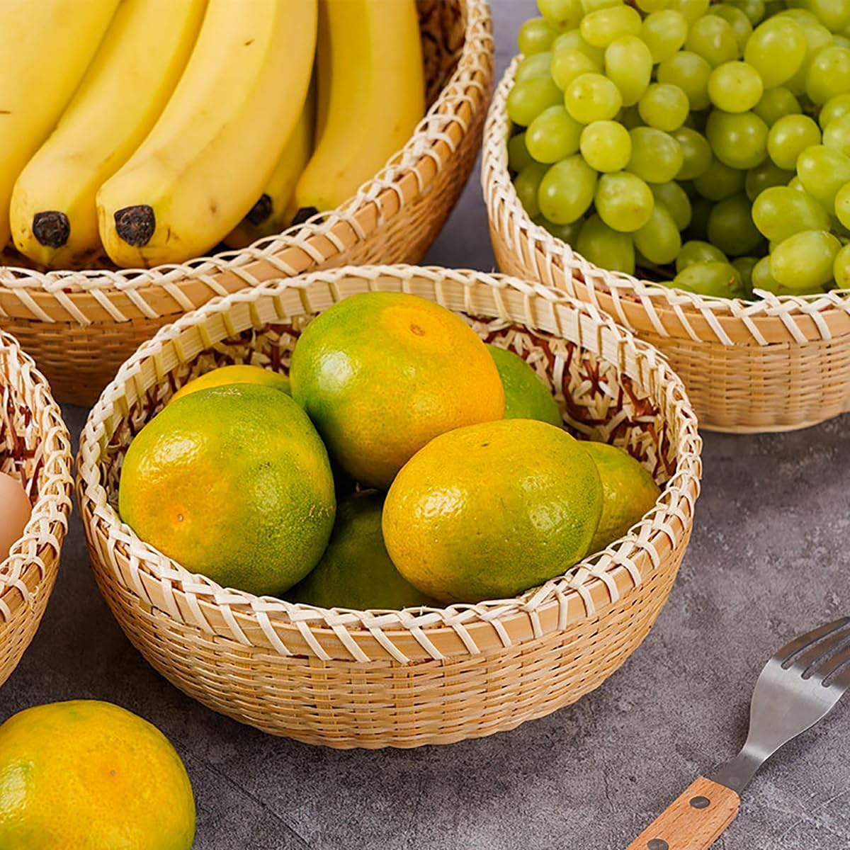 3er Set Handgeflochtene Rattan Obstkörbe