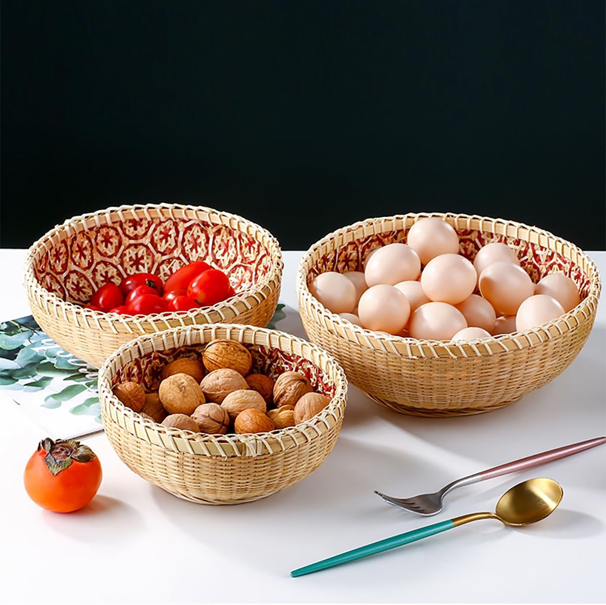 3er Set Handgeflochtene Rattan Obstkörbe